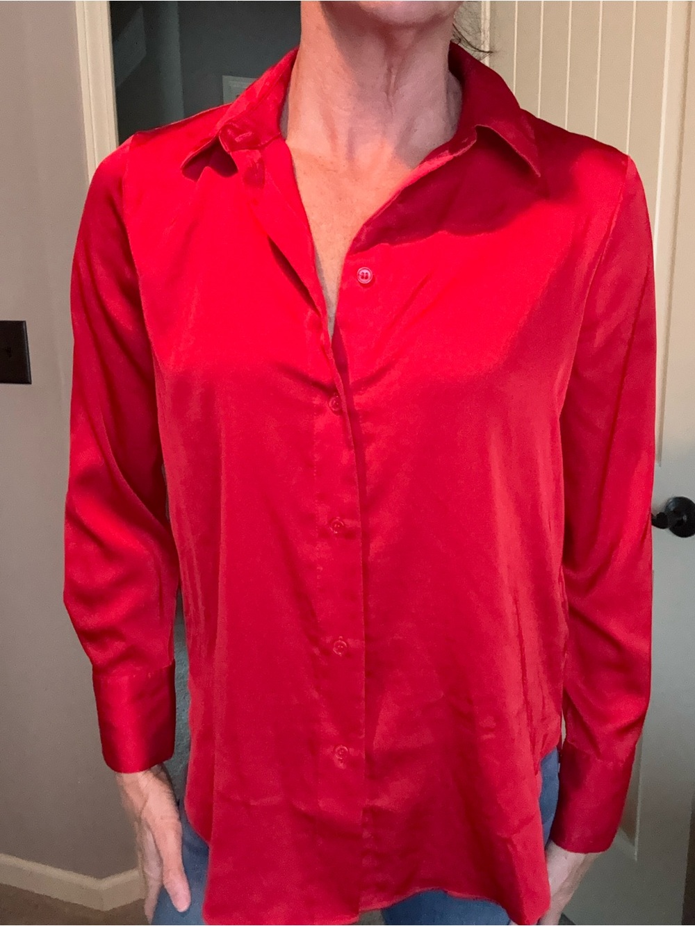 Red Satin Button-Front Women’s Blouse